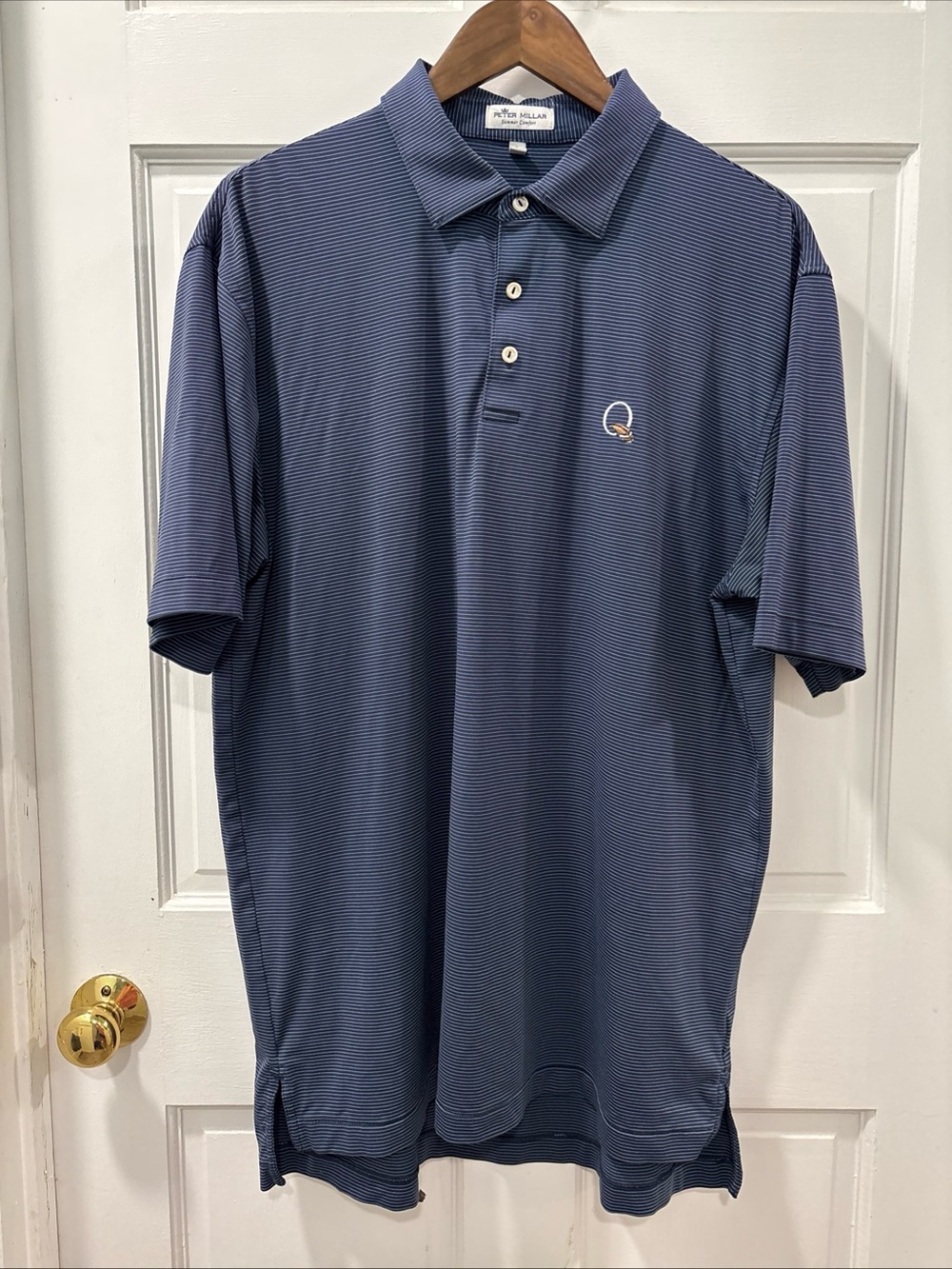 Peter Millar Men’s Summer Comfort Golf Polo Size Large Navy White Stripe Logo